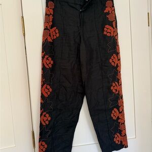 Chloe Black Pants with Orange embroidered Floral Accents size 38